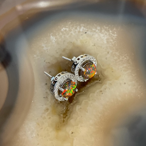 Sterling silver fire opal stud earrings cz halo NEW October Birthstone - Picture 6 of 9